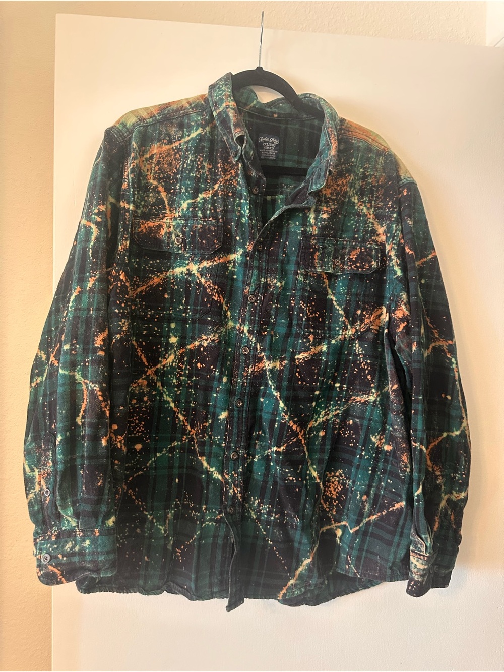 Faded Glory Green Plaid Flannel Shirt Jacket with Orange Bleach Pattern
